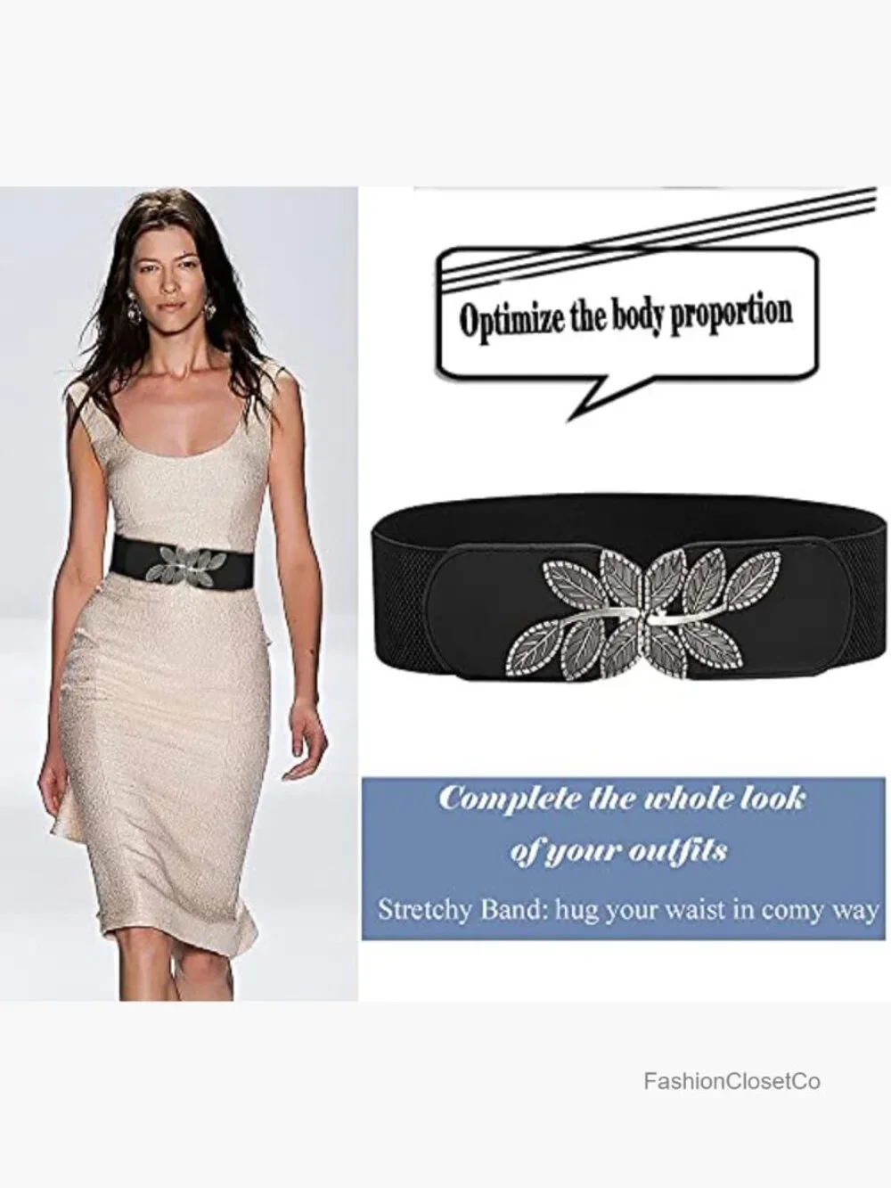 Stretchy Wide Elastic Waist Belt with Leaf Buckle for Dresses